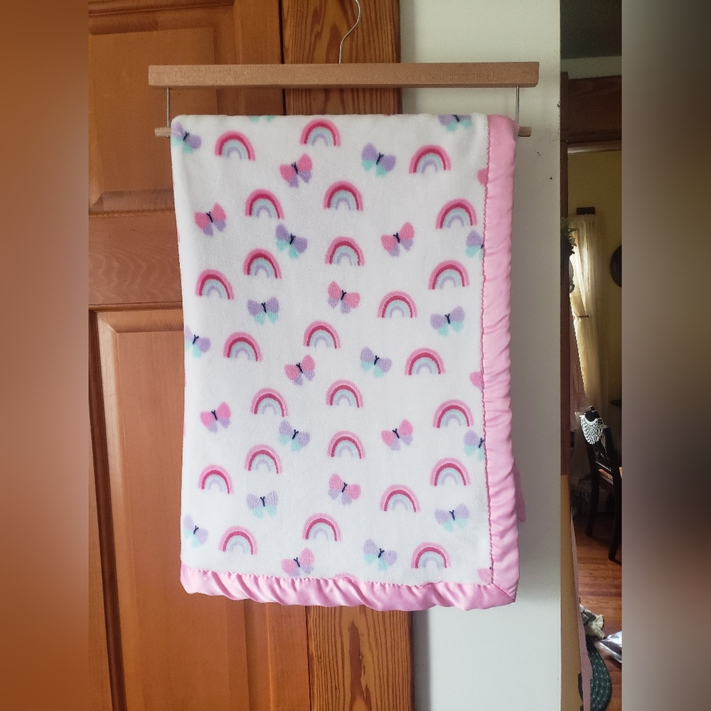 NWOT Parents Choice Pink White Rainbow Butterfly Plush Baby Blanket Fleece Minky
